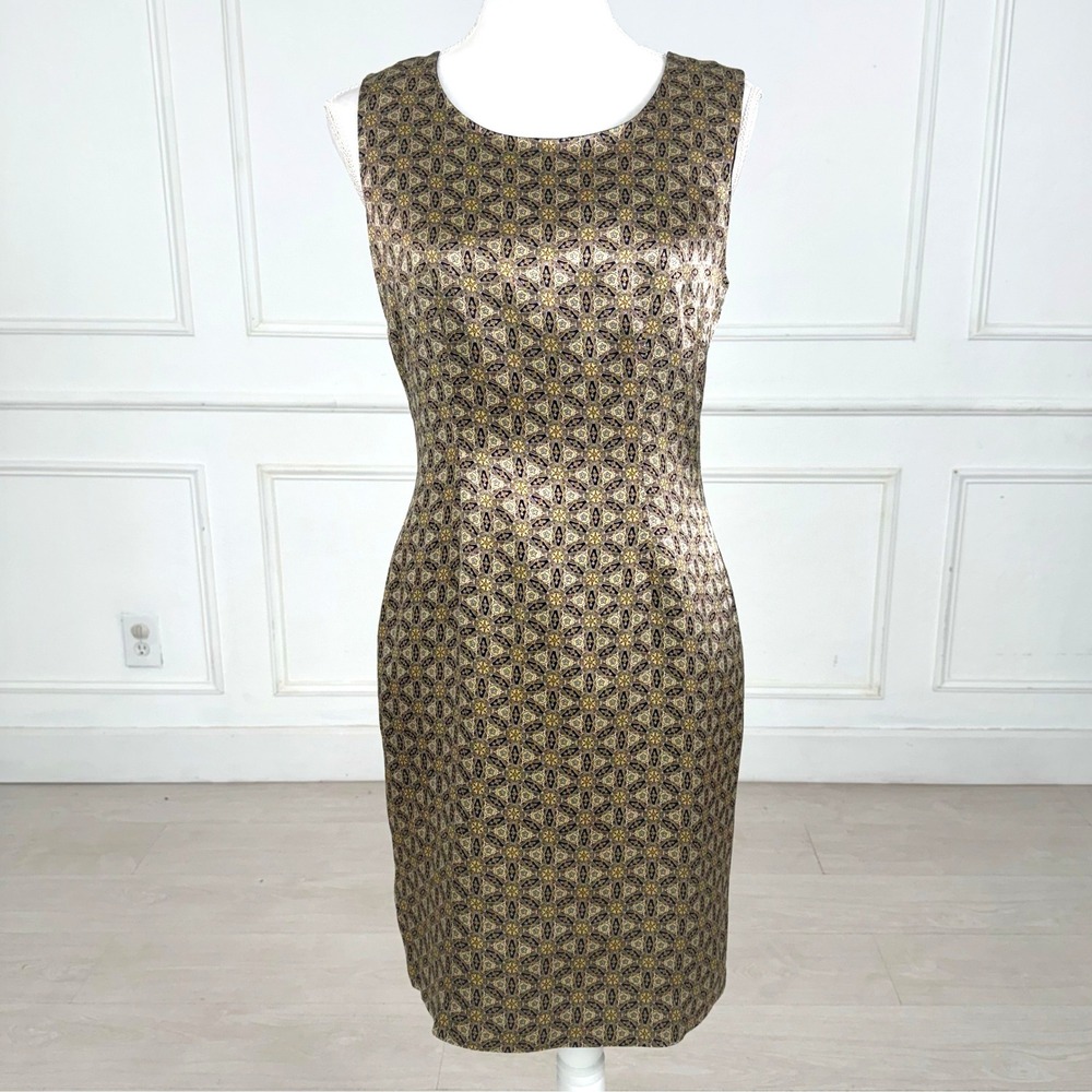 Karin Stevens Sheath Dress Womens 10 Gold Black Geometric Sleeveless Rayon 90s
